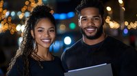 Young African American business professionals smiling at night with urban bokeh lights background, holding laptop computer and documents, successful partnership.