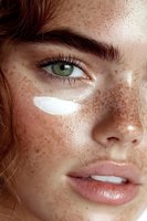 Close-up portrait of young woman with natural freckles, green eyes, and under-eye cream patch. Fresh glowing skin and natural makeup for beauty and skincare concept.