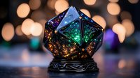 Glowing geometric glass prism with magical colorful reflections on dark background with bokeh lights, mystical crystal ball on decorative stand.