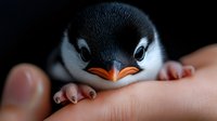 Extreme close up of gentoo penguin chick face with orange beak and distinctive white eye patches resting on human palm, showing intricate feather detail and curious expression.