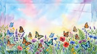 Watercolor spring meadow with colorful butterflies and wildflowers, soft pastel sky background with copy space frame for text.