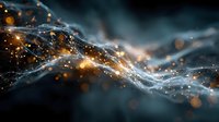 Abstract digital wave with glowing particles and bokeh lights creating dynamic energy flow on dark background for technology and innovation concepts.