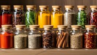 Colorful spice collection in glass jars with cork lids arranged on wooden shelves for culinary cooking and kitchen organization.