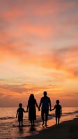 Family of four holding hands walking on beach at sunset with dramatic orange and pink sky reflecting on ocean waves creating peaceful vacation moment.