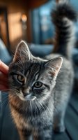 Adorable gray tabby kitten with bright amber eyes sitting indoors looking at camera with curious expression in cozy home environment for pet care content.