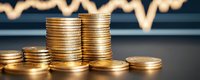 Golden coins stacked on dark surface with blurred financial chart background showing market growth trends for investment and wealth management concepts.