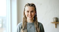 Young woman with blonde braided hair and warm smile wearing casual gray cardigan in bright modern interior space.