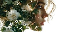 Young blonde woman profile with white roses and green foliage in dreamy double exposure composition for romantic design projects and nature concepts.