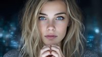 Young woman with blonde hair and blue eyes against blurred city lights background, creating atmospheric portrait with bokeh effect.