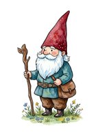 Garden gnome with white beard wearing red pointed hat and teal jacket, holding wooden staff, standing on grass with wildflowers. Isolated clipart for design projects.