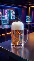 Futuristic beer mug with digital circuit patterns and glowing foam in cyberpunk bar setting with neon lights and holographic displays for sci-fi concepts.