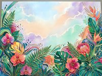 Vibrant tropical floral frame with orchids, monstera leaves, and bird of paradise blooms on a pastel watercolor sky background.