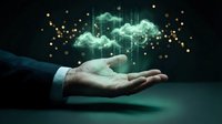 Businessman hand presenting digital cloud computing technology with glowing network connections and data transfer visualization for modern business solutions.