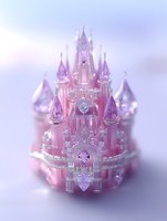 Pink crystal castle with ornate towers and spires on soft purple background for fairy tale fantasy designs and magical storytelling projects.