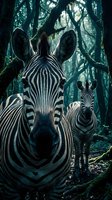 Zebra family in mystical forest with dramatic lighting and shadows creating enchanting wildlife scene for nature photography and animal themed designs.