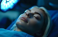 Young Caucasian woman lying under medical lamp during cosmetic procedure or surgery, eyes closed, dramatic blue lighting creates atmospheric medical environment.