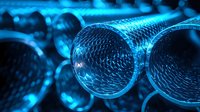 Glowing blue test tubes in laboratory macro shot with detailed textured glass surface pattern creating scientific research atmosphere.