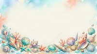 Watercolor seashells and coral border frame on white background with copy space for summer beach themed designs and marine decorations.