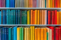 Colorful collection of books arranged by hue on white shelves, creating a vibrant rainbow spectrum of spines in a library or bookstore.
