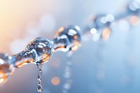 Frozen water droplets on metal chain link with soft bokeh background in winter morning light creating magical crystalline formations and reflections.