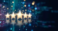 Five glowing golden stars on a dark blue digital circuit background with bokeh lights, symbolizing top rating and excellence.