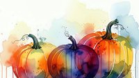 Watercolor pumpkins with vibrant orange purple yellow splashes on white background for autumn harvest thanksgiving seasonal decoration.