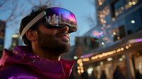 Young African American man wearing reflective ski goggles with city skyline reflection at dusk, dressed in winter sportswear against blurred urban background with bokeh lights.