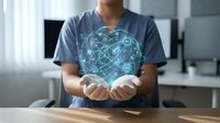 Healthcare professional displaying futuristic digital network globe with connected icons representing global medical technology and data connectivity.