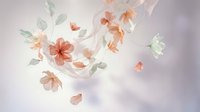 Delicate watercolor flowers in soft coral and peach tones with green leaves floating on gentle purple background for romantic spring designs.