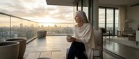 Mature woman enjoying morning coffee on luxury apartment balcony with panoramic city skyline view at sunrise, peaceful lifestyle moment.