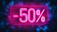 Glowing neon pink "-50%" discount sign against dark blue smoky background, creating vibrant contrast for sale promotions and retail advertising.