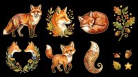 Watercolor fox illustrations with autumn foliage elements isolated on transparent background. Ready for t-shirt design, clipart, stickers, sublimation, and print-on-demand projects.