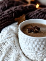 Hot chocolate in white knitted cozy mug with star anise, served with warm woolen scarf. Cozy winter drink styling for seasonal holiday mood.