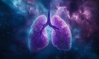 Glowing purple human lungs with branching bronchi against cosmic space background with blue and pink nebula clouds, medical science concept visualization.