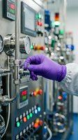 Laboratory technician in purple gloves operating industrial equipment with control panels and gauges in pharmaceutical manufacturing facility.