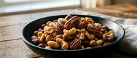 Mixed nuts and dried fruits in black bowl on rustic wooden table, healthy snacking and organic food concept for kitchen and dining photography.