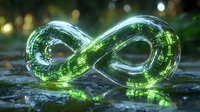Glowing infinity symbol with digital matrix code pattern emits green light against dark background, representing endless technology and digital transformation.