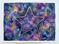 Watercolor galaxy background with golden star outline, featuring purple, blue and yellow cosmic nebula with glittering stars, for cards and posters.