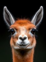 Close-up portrait of red-brown vicuna or alpaca face showing large expressive eyes and distinctive ears against dark background, wildlife photography style.