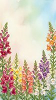 Colorful snapdragon flowers in watercolor style with soft pastel background, copy space for text, spring garden floral border art.