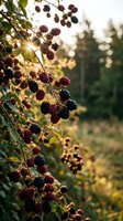 Wild blackberries ripening on thorny canes in golden sunlight with soft bokeh background during late summer harvest season in natural countryside setting.