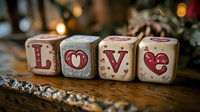Decorative wooden blocks spelling LOVE with heart designs in red and white, arranged on rustic wooden surface with soft bokeh lights in background.
