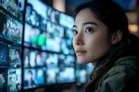 Young Asian woman looking at multiple screens in control room, illuminated by blue digital displays showing data and video feeds, professional monitoring setup.