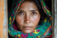 Close up portrait of young Asian woman wearing vibrant traditional floral headscarf in green and pink tones, looking directly at camera with serene expression and natural makeup.