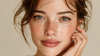 Young woman with natural makeup and freckles touching face gently, showcasing healthy glowing skin and beauty routine for skincare and cosmetics advertising.