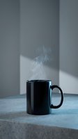 Black ceramic mug with steam rising on concrete surface in modern minimalist interior with natural window light creating shadows.