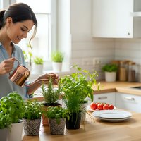 Young woman watering fresh herbs in modern kitchen with natural light. Healthy cooking lifestyle with basil and green plants on wooden counter.