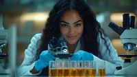Young African American female scientist in lab coat conducting research with microscope and test tubes containing yellow liquid samples in modern laboratory setting.