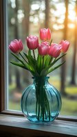 Pink tulips arranged in a clear turquoise glass vase on a windowsill with blurred forest and sunset backdrop, suitable for home decor and spring floral arrangements.