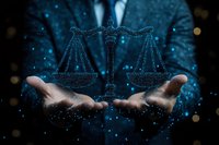 Glowing digital scales of justice float above business person's hands against dark background with sparkle effects, representing law and technology concept.
